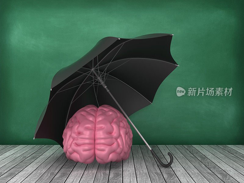 人类大脑与伞在黑板背景- 3D渲染